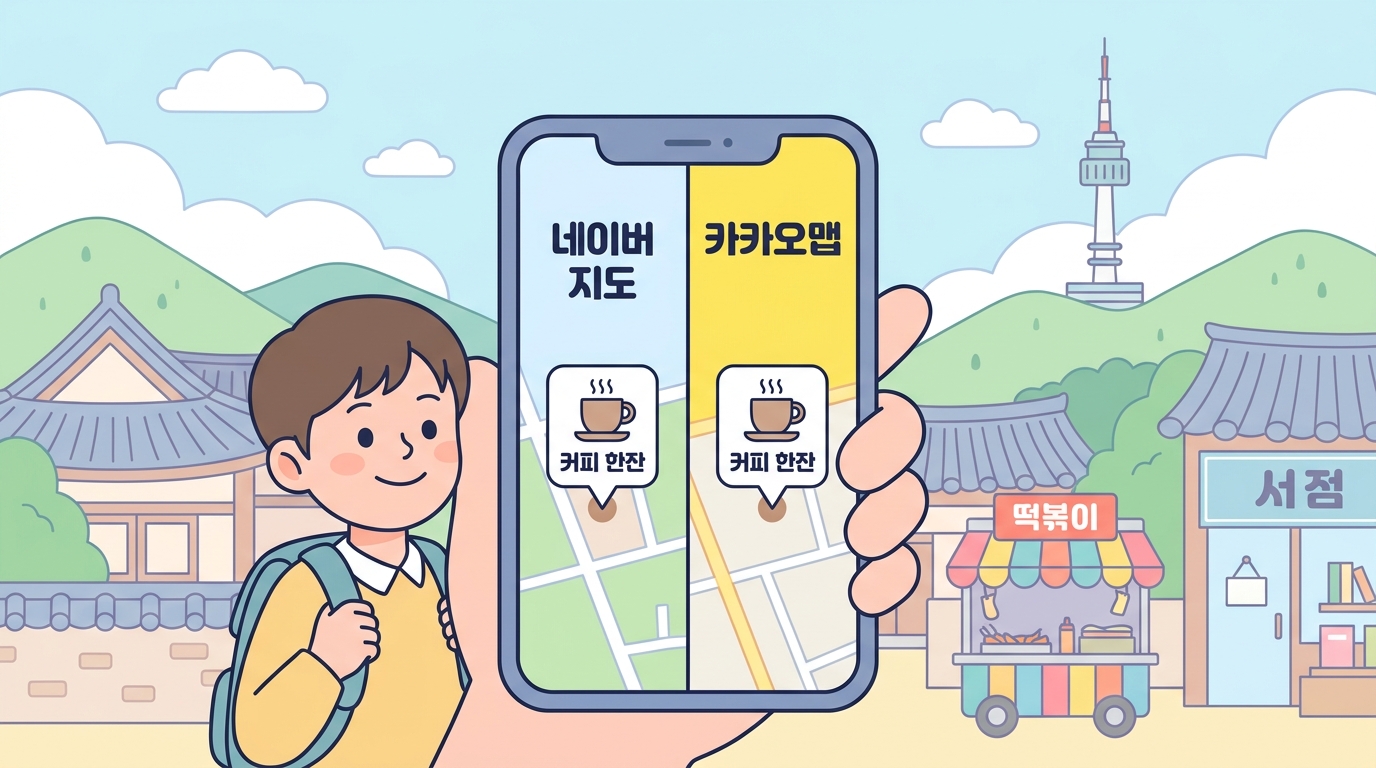 Split-screen phone showing Naver Maps and Kakao Map open side by side, both searching the same café, with labels