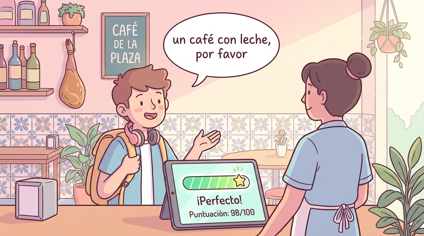 A learner at a café counter saying 