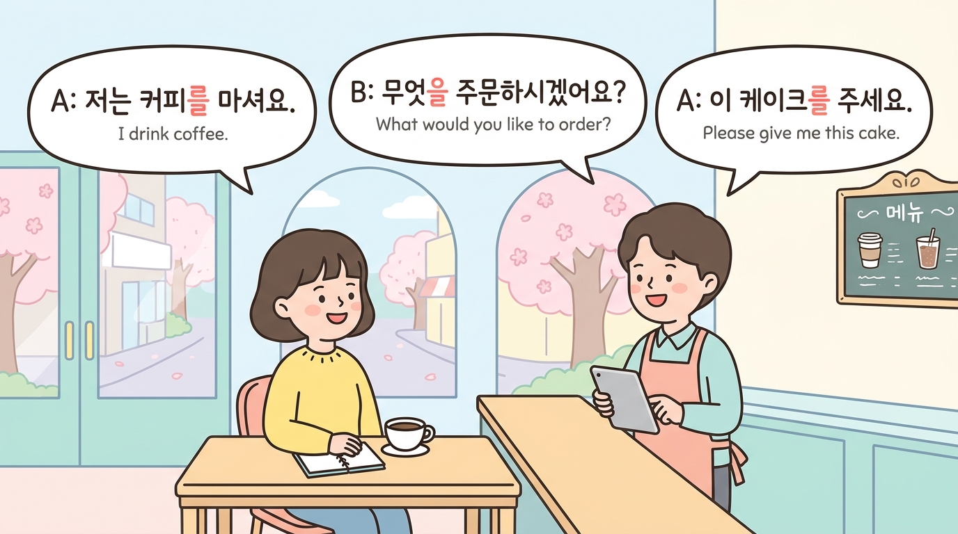 A café role-play showing speech bubbles for the A/B dialogue above, with the object particle 를 highlighted in each Korean line