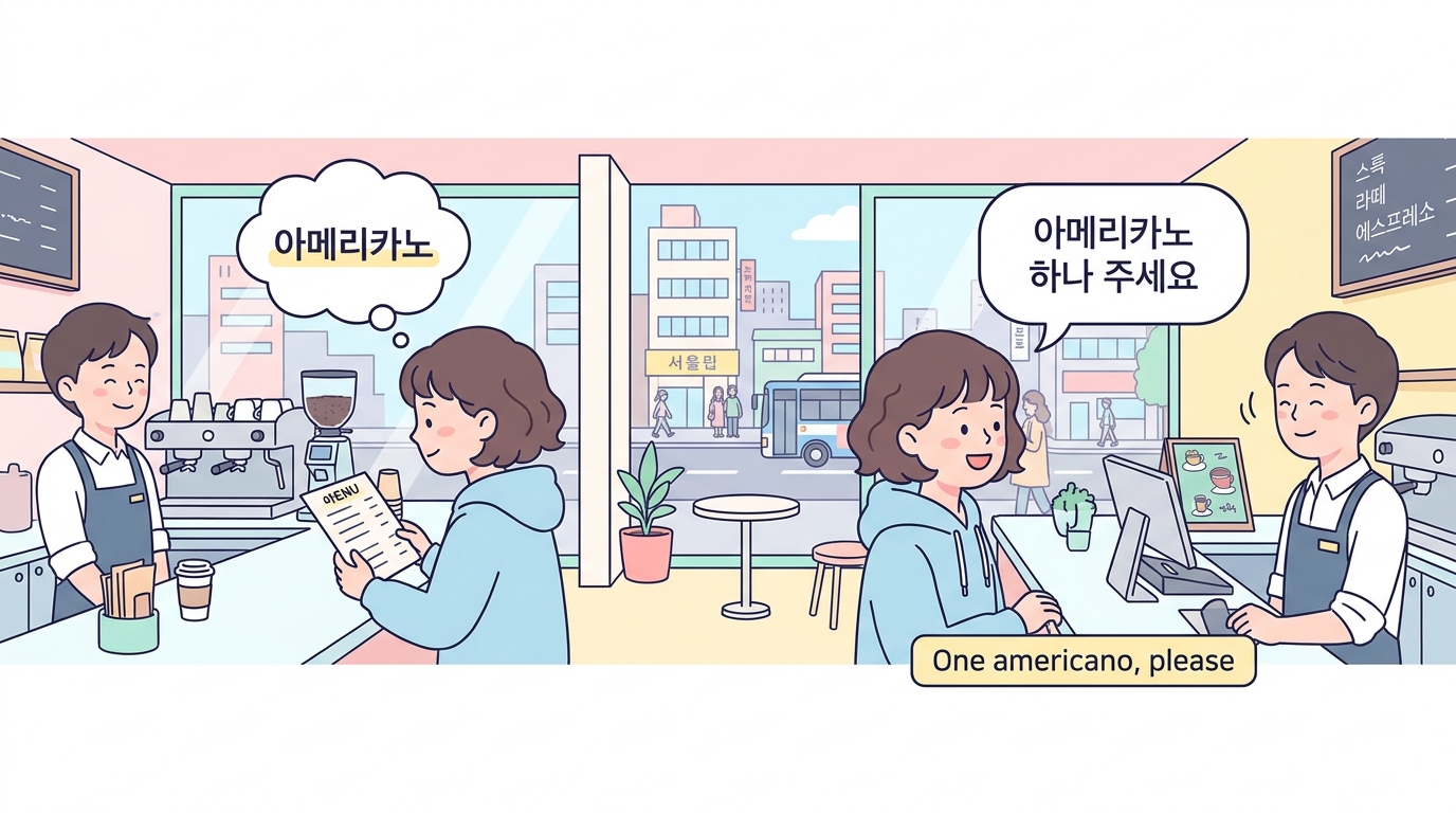 A short café scene — a learner reading