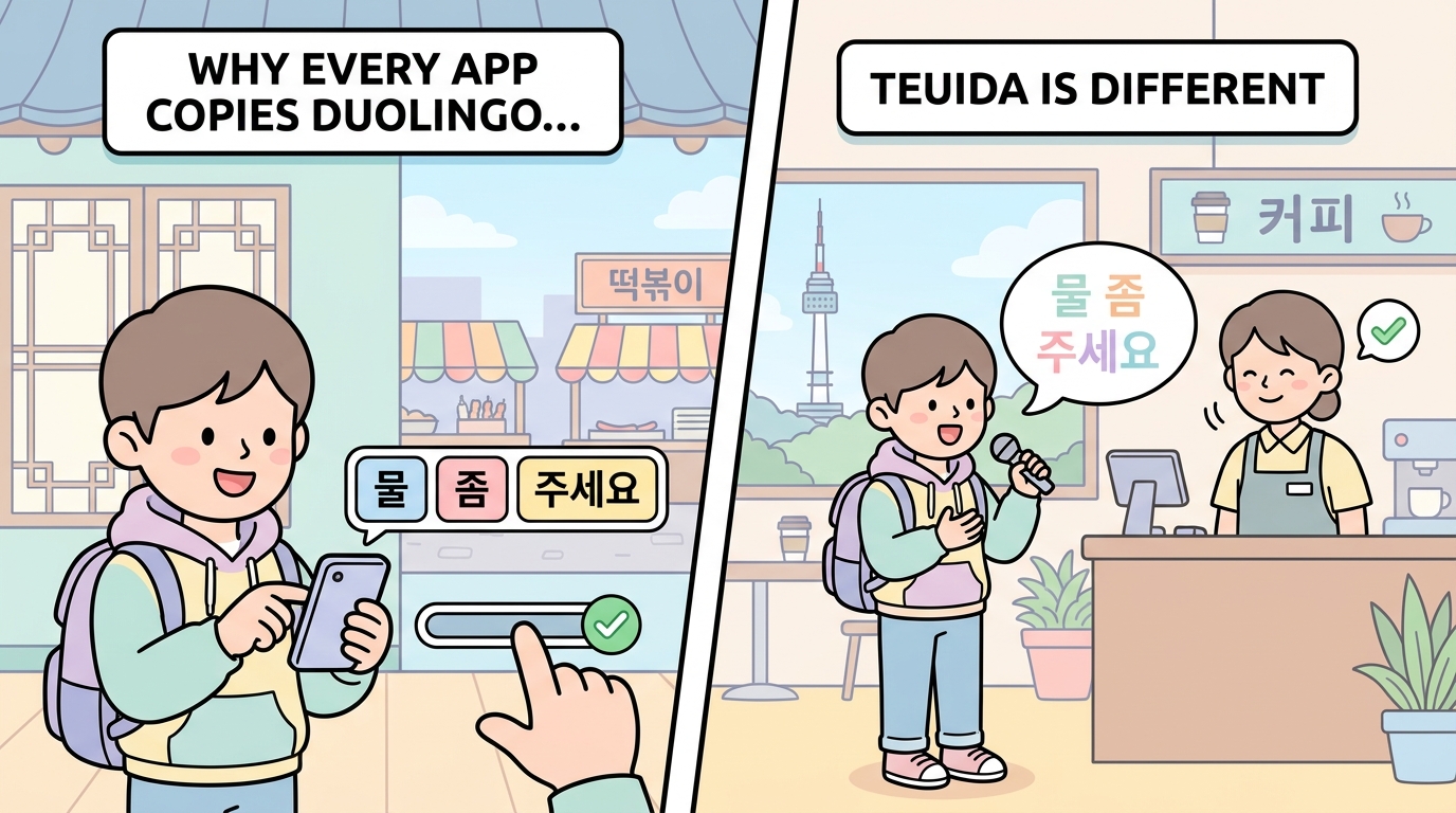 Split screen — left side shows tapping word tiles 