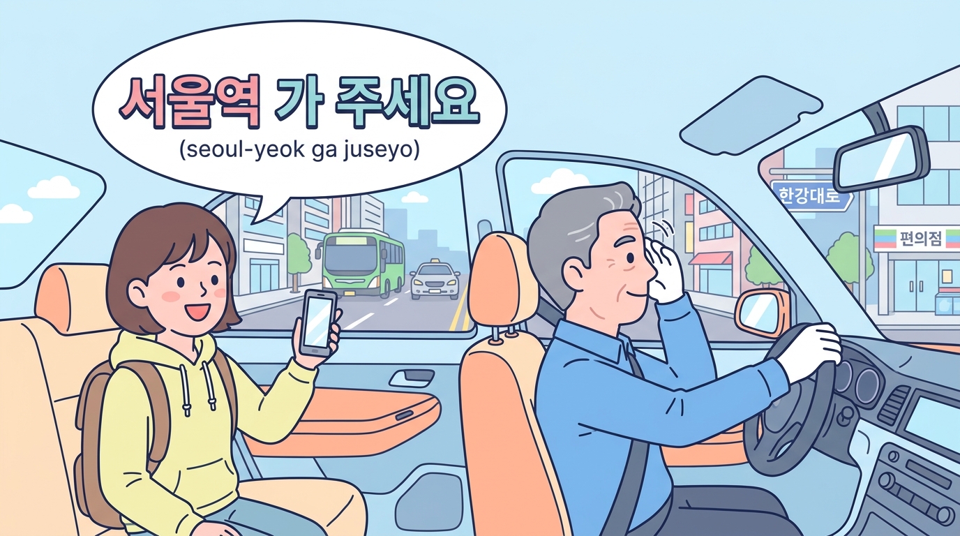 Side-by-side taxi scene โ traveler saying